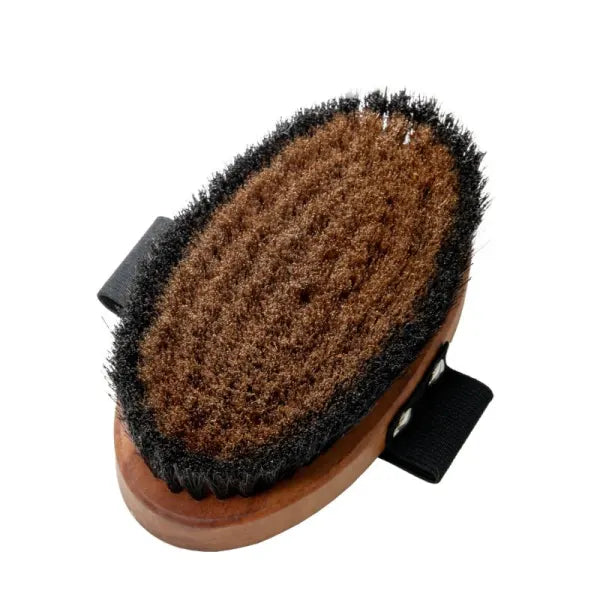 Massage brush , pear wood, horse hair bristles, antistatic, light brown, oval shape, 5.3x2.8 in bronze metal