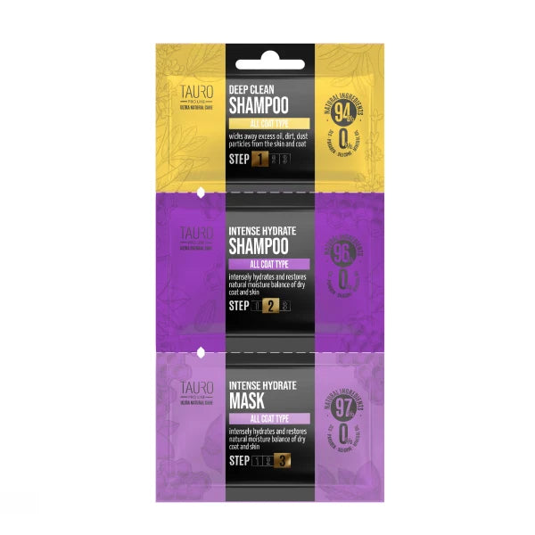 Dog and cat coat and skin shampoo and mask sample set 1x0.20 oz, 1x0.27 oz, 1x0.14 fl oz