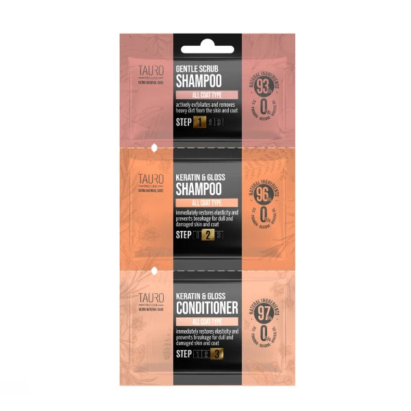 Dog and cat coat and skin shampoo and conditioner sample set 1x0.20 oz, 1x0.27 oz, 1x0.14 fl oz